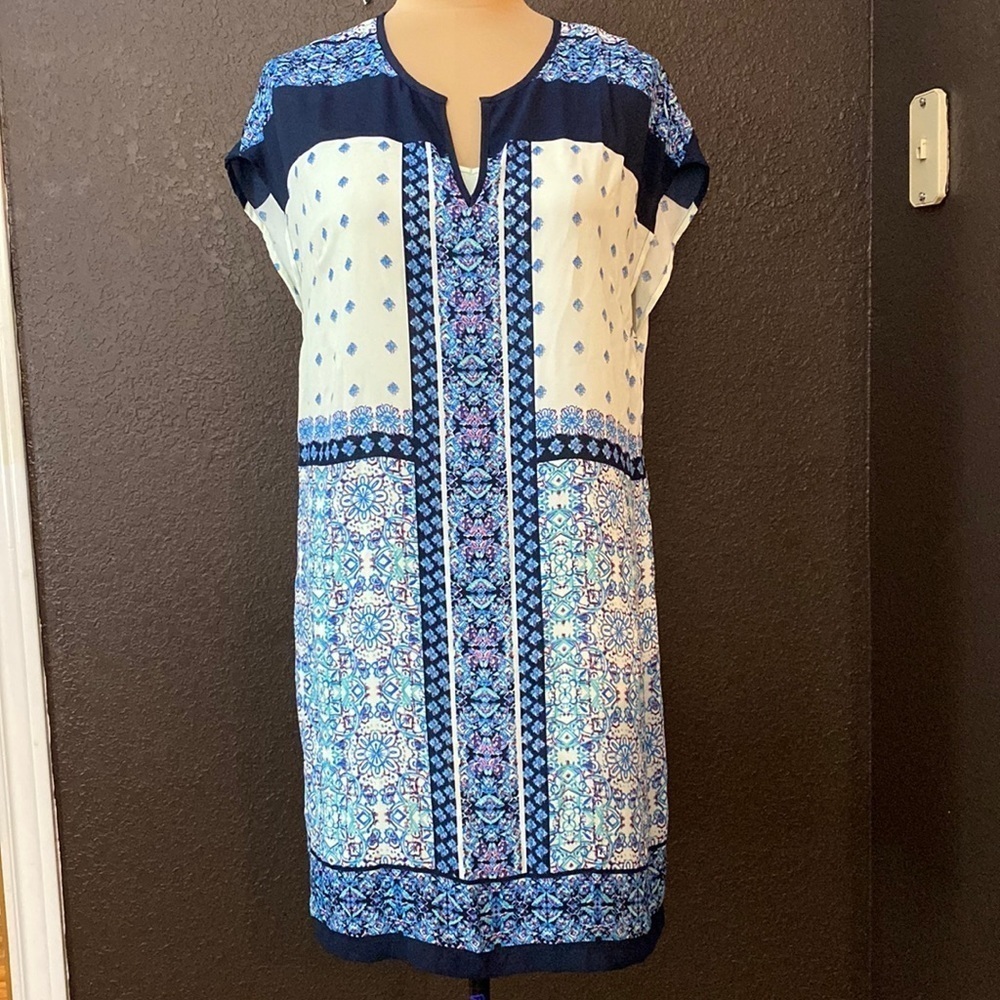 Daniel Rainn tribal blue and mint green‎ medallion print mini sheath dress